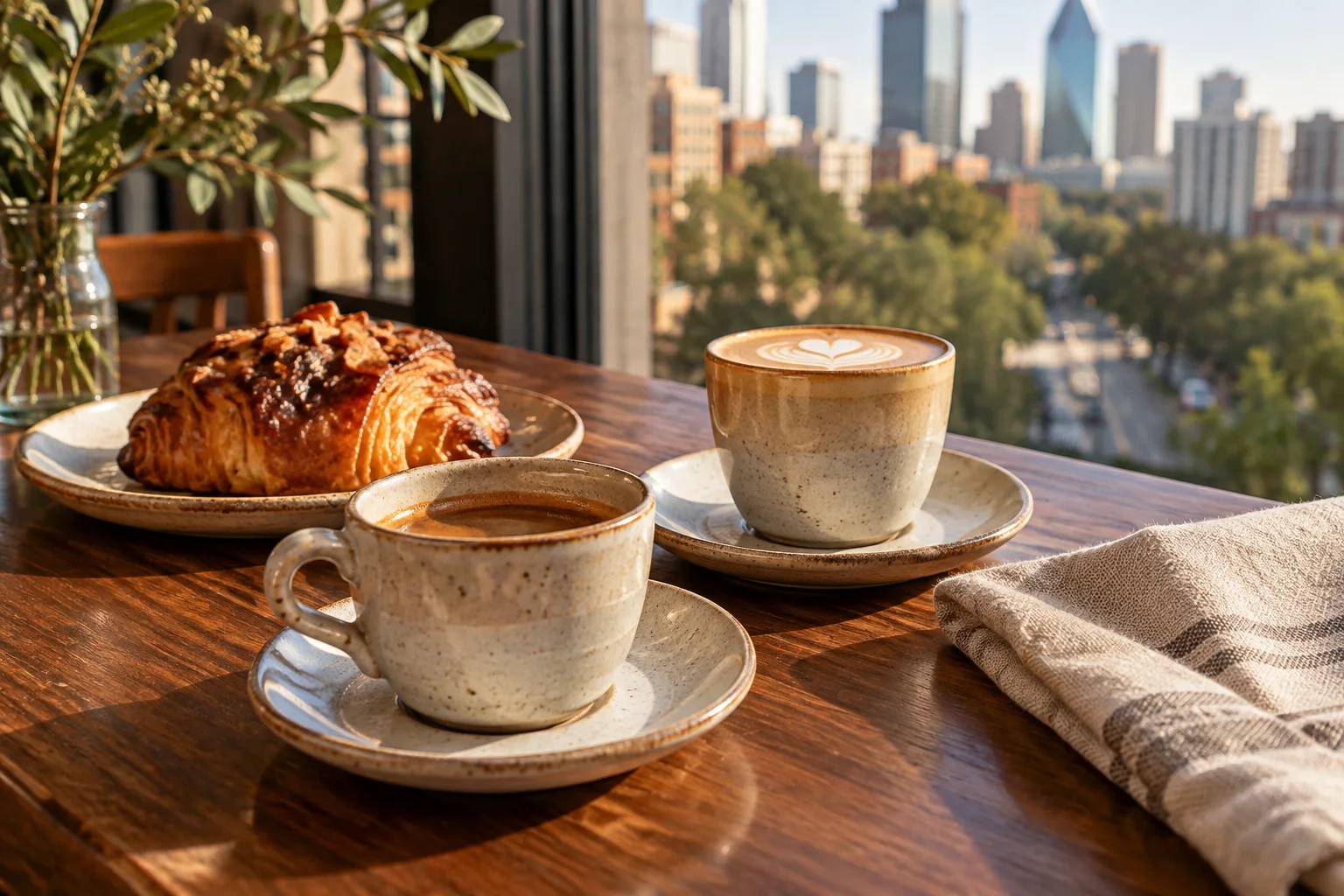 AI-created illustration of coffee and pastry on a neighborhood cafe table.